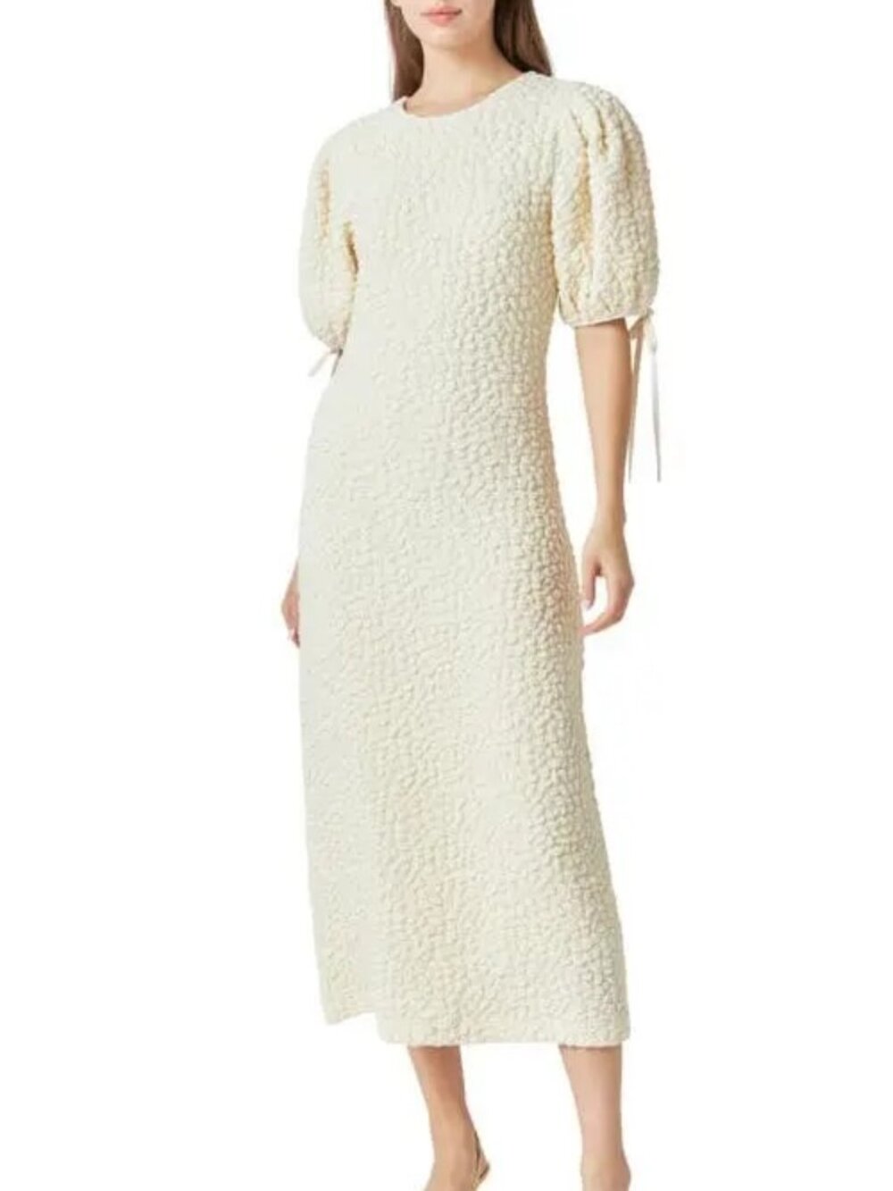 Anthropologie English Factory Short Puff Sleeve Textured Midi Dress Cream Ivory
